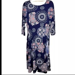Robbie Bee Sheath Dress M Navy Blue Geometric Floral Print Knee Lnth 3/4 Sleeves